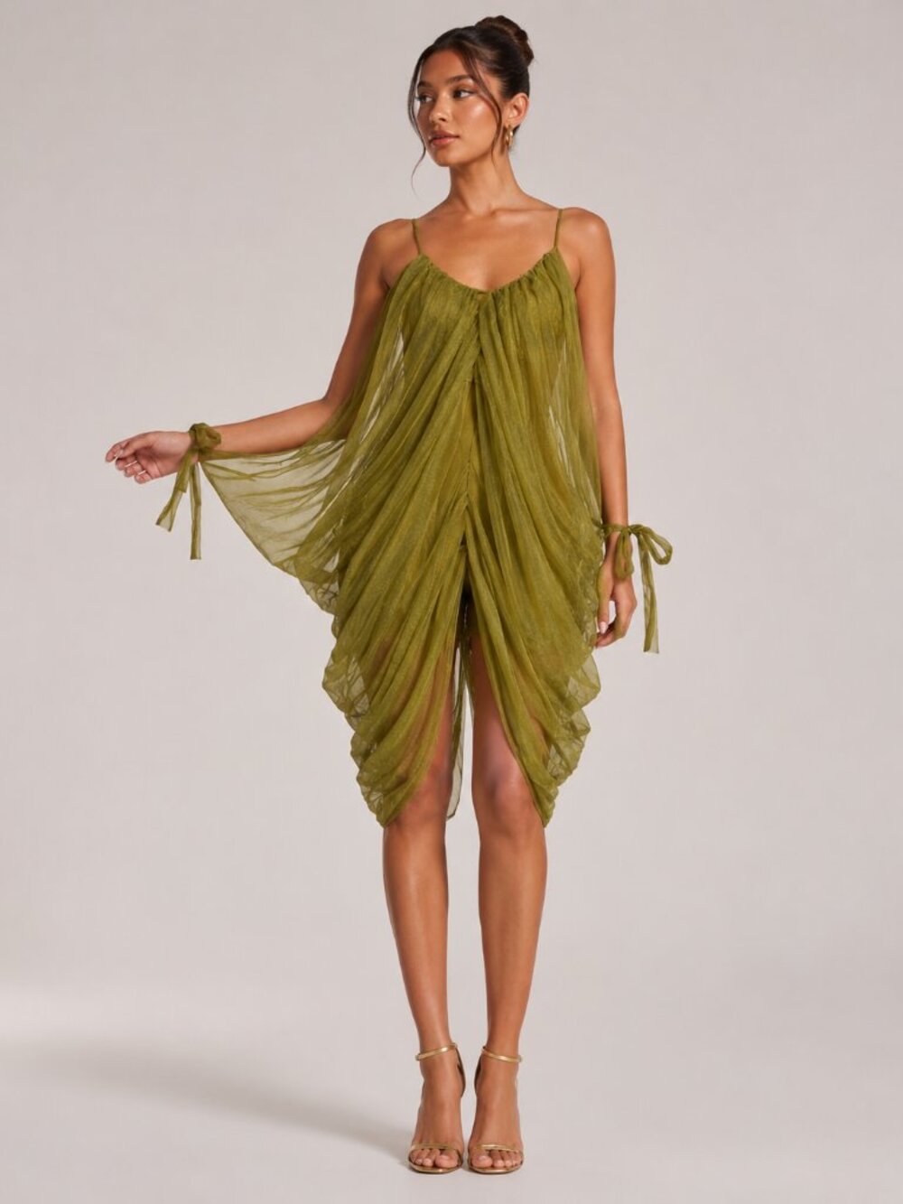 AKIRA Viva La Vida Mesh Dress Olive Green Draped Size Small